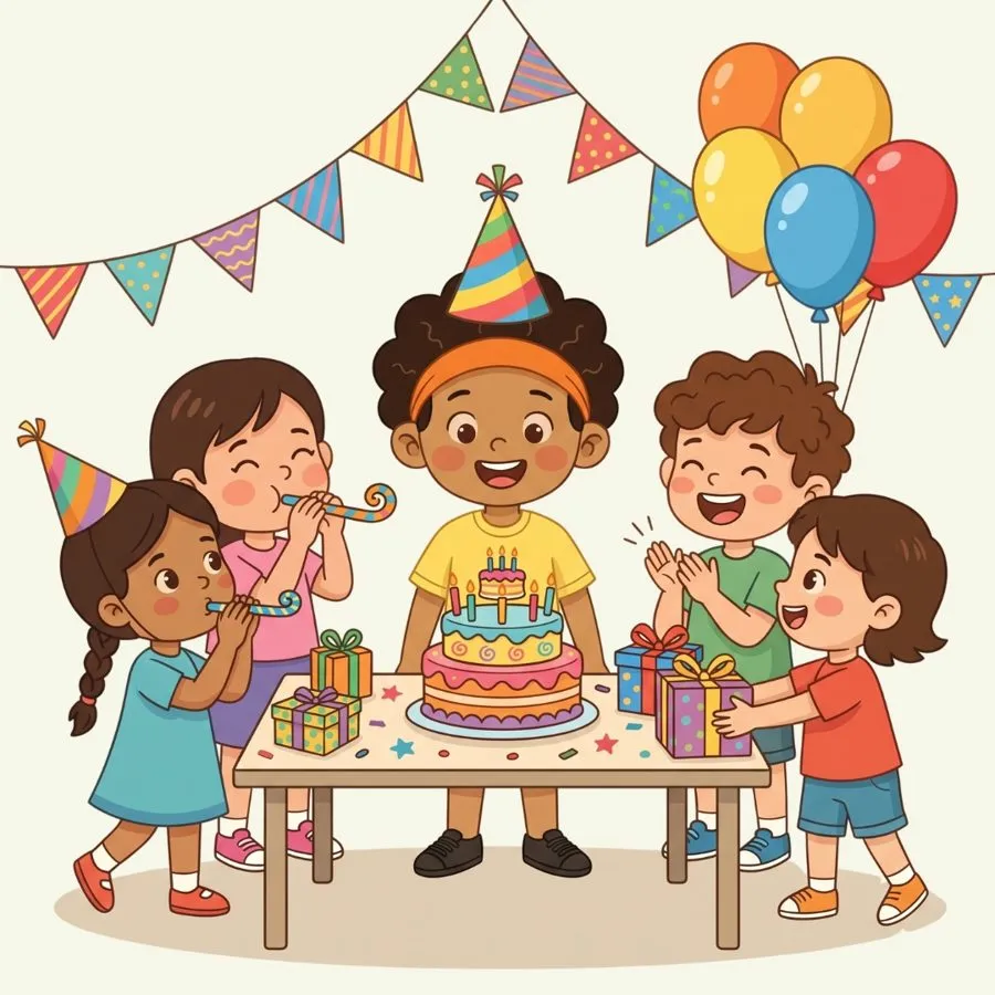 Illustration of kids celebrating a birthday with cake, balloons and party hats