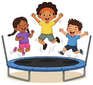 Illustration of three kids jumping on a trampoline